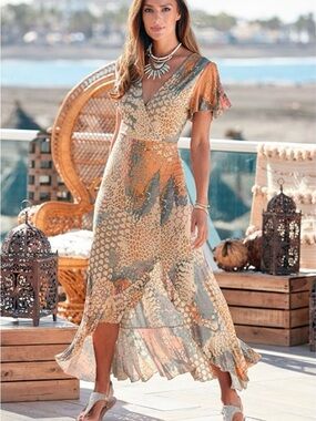 Bohemian High-Low Wrap Dress in Rust and Sage